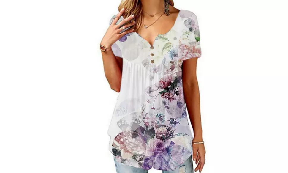 Women's Button Up Pleated Front Summer Short Sleeves Casual Tops Tunic Shirts 