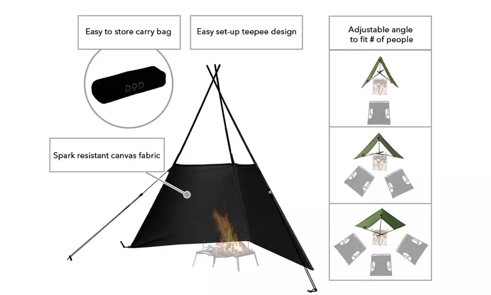 DoD Fire Break Teepee Style Windbreak Tent for Camping Outdoors Bonfire Black - Second Medium