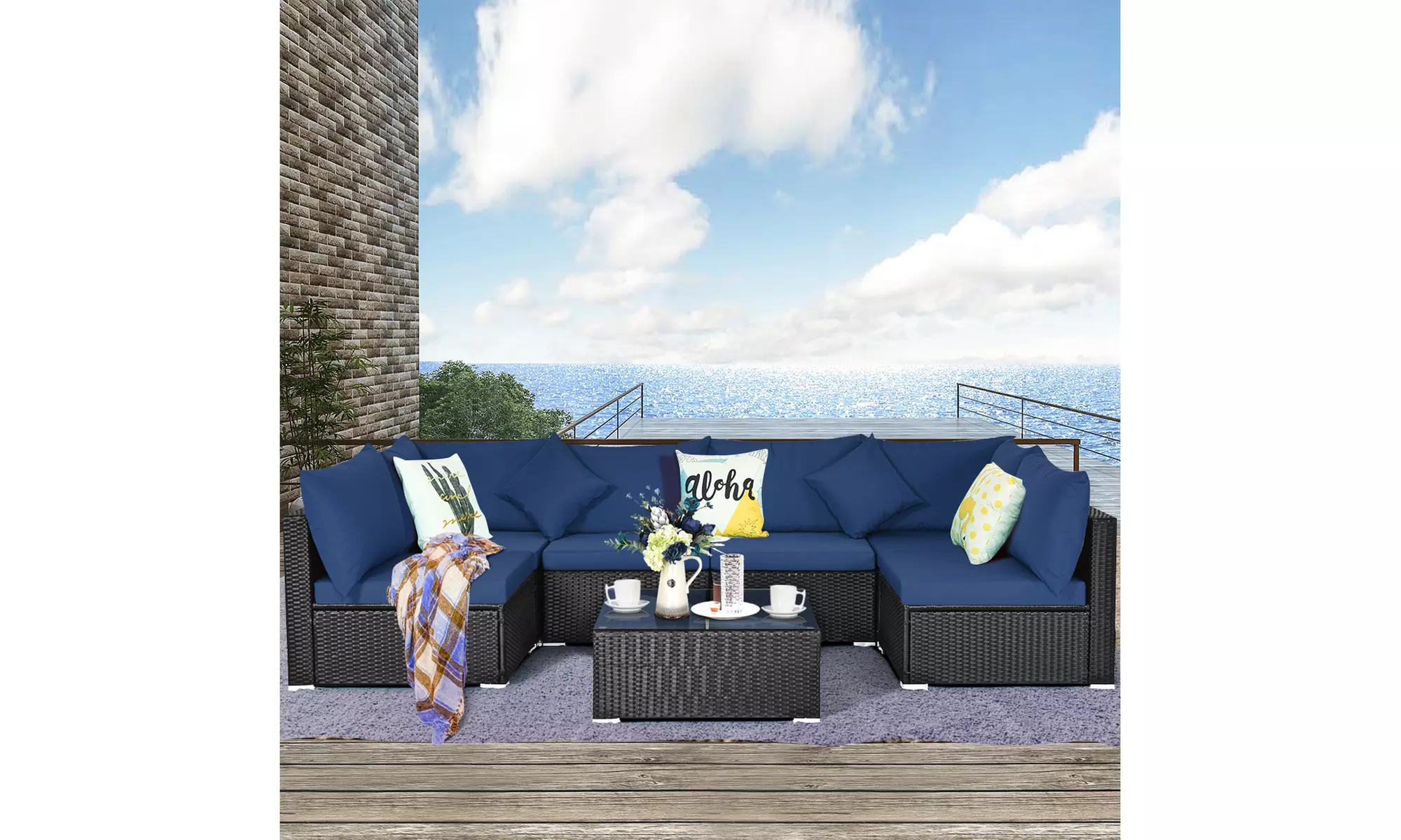 Costway 7PCS Patio Rattan Sofa Set Sectional Conversation Furniture Set Garden