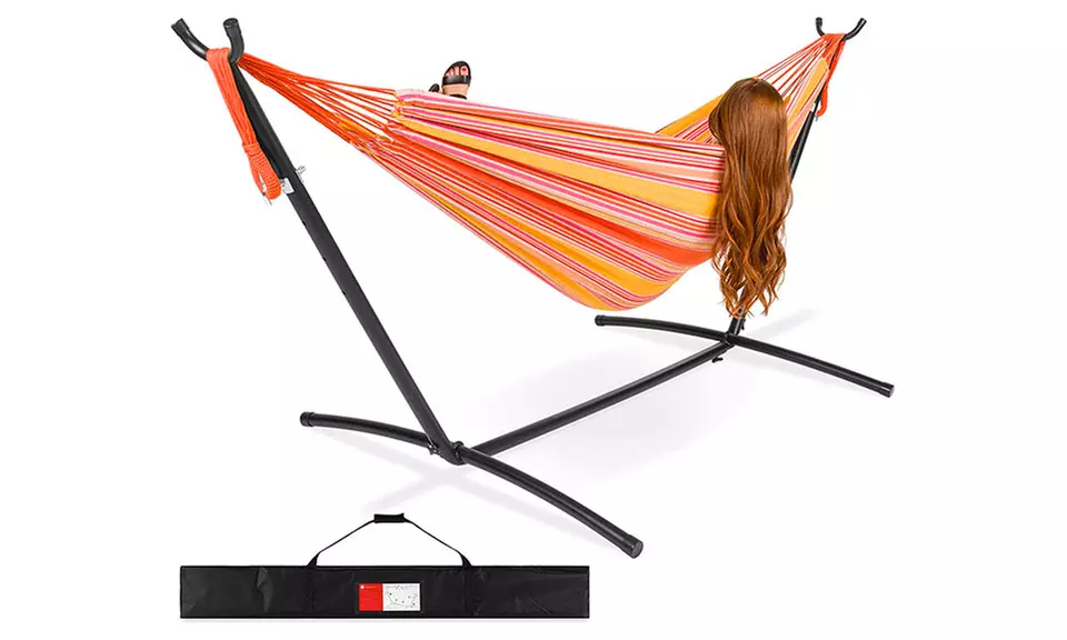 2-Person Indoor Outdoor Brazilian-Style Cotton Double Hammock Bed & Steel Stand - Second Medium