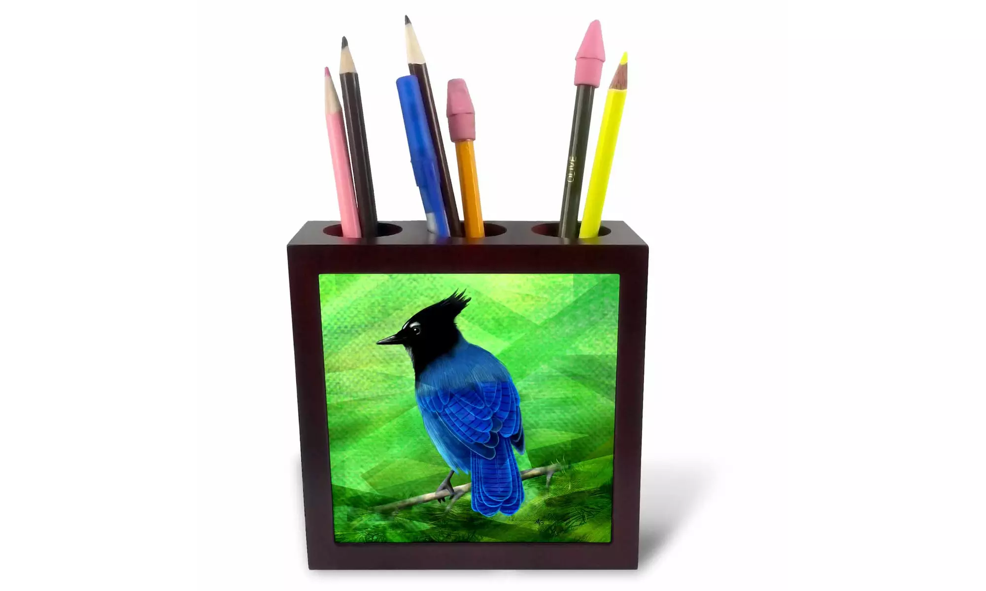  Tile Pen Holder - A Stellars Jay digital painting with an abstract green  - Primary Image