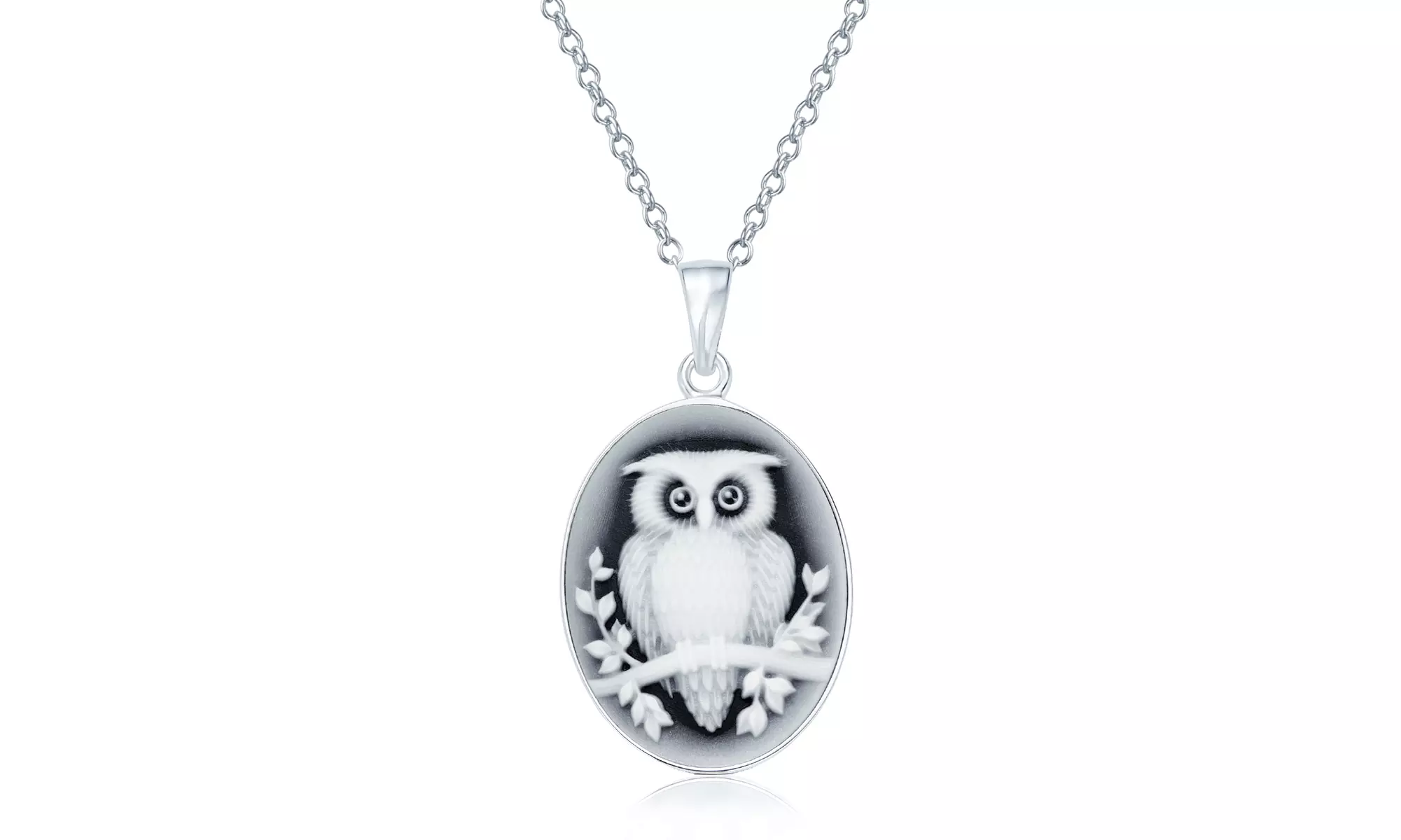 Black Carved Oval Branch Small Owl Cameo Pendant Necklace 925 Sterling Silver - Primary Image
