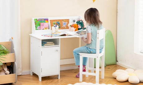 Costway Kids Desk And Chair Set Study Writing Workstation With Bookshelf Purple