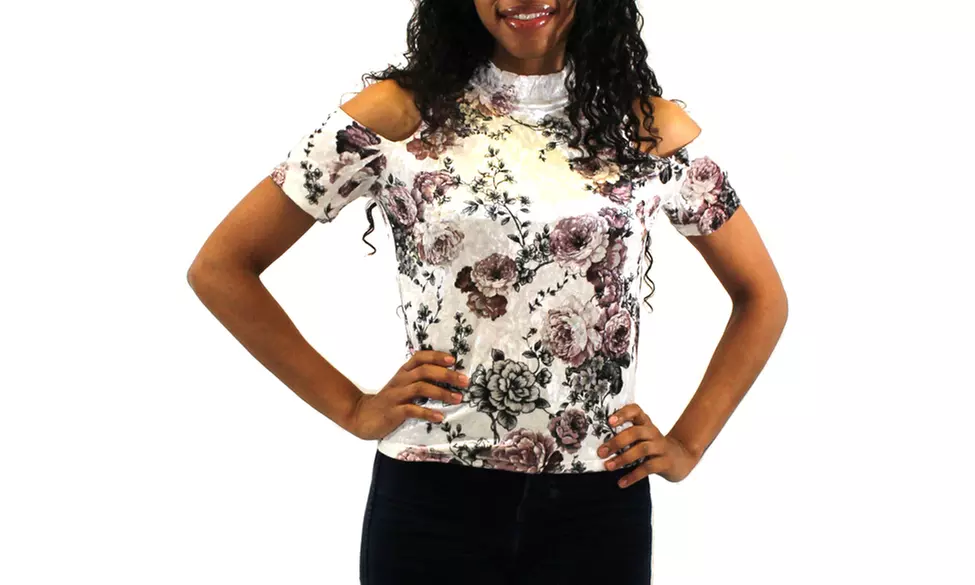 Solid & Floral Print Velvet Turtle Neck Cold Shoulder Stretch Blouse - Primary Image