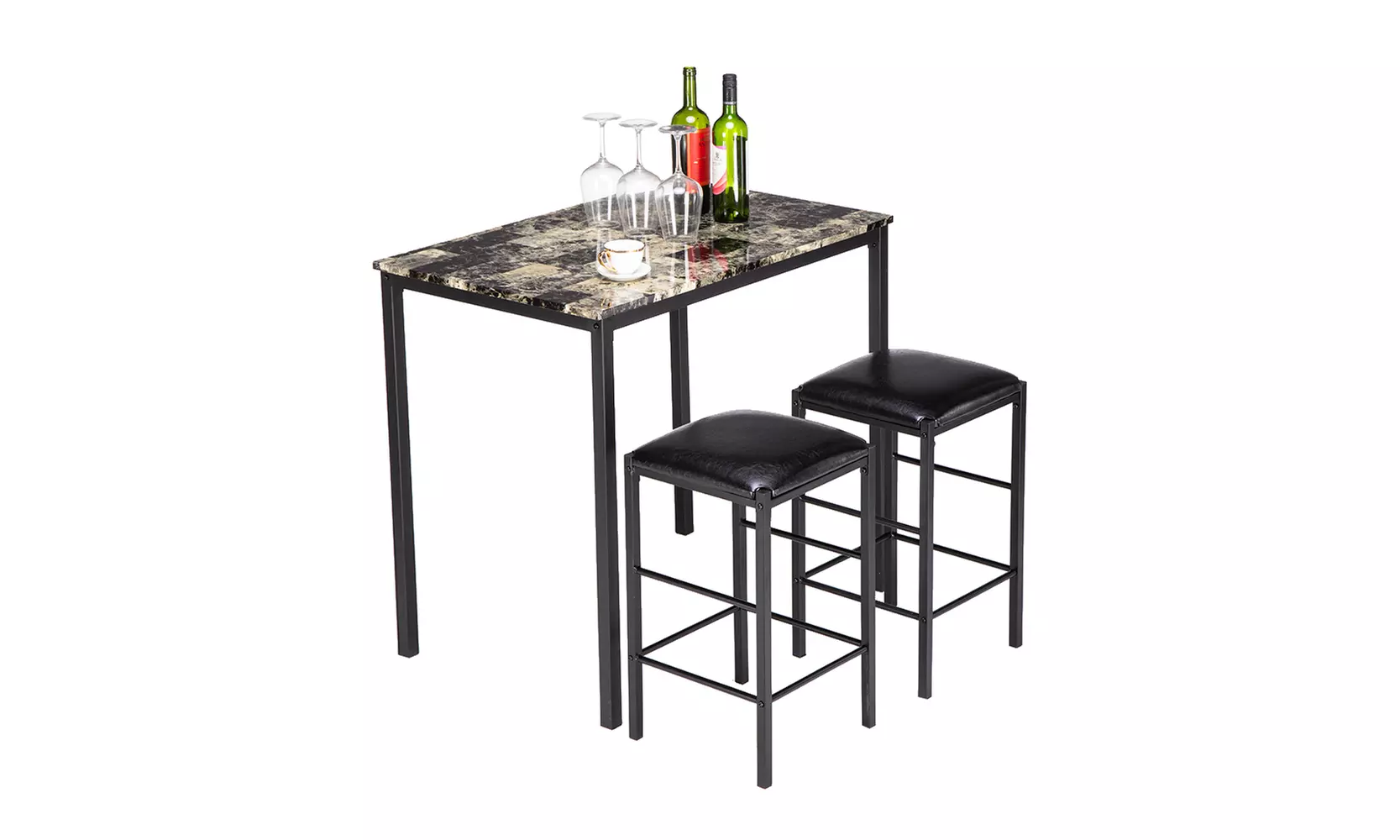 3-Piece Table Set,Marble Face High Dining Table and Chair Cushion Black - Primary Image