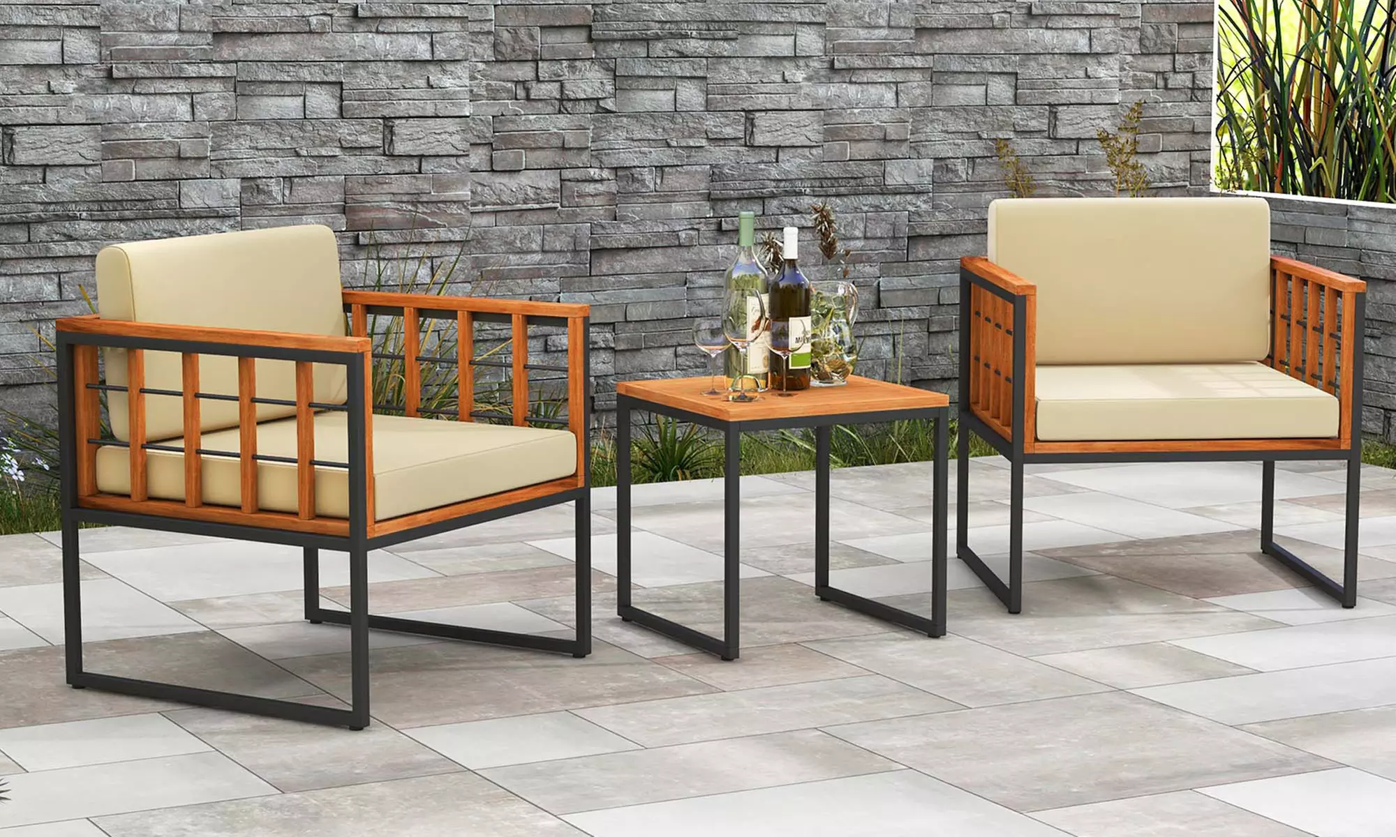 3 PCS Patio Chair Set Acacia Wood Sofa Set with Metal Support Soft Seat Cushions - Primary Image