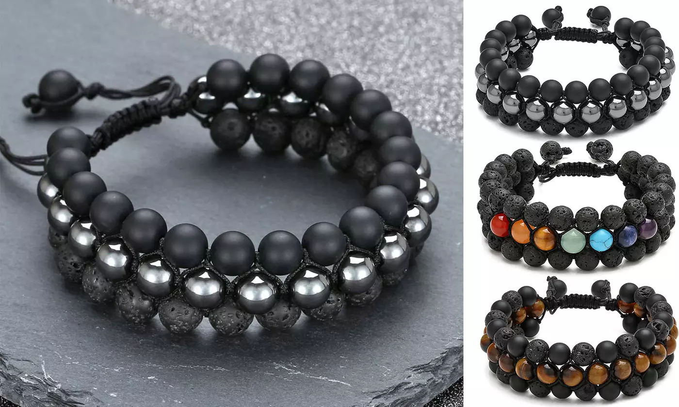 Adjustable Chakra Natural Tigers Eye Gemstone Onyx Charm Bracelet - Primary Image