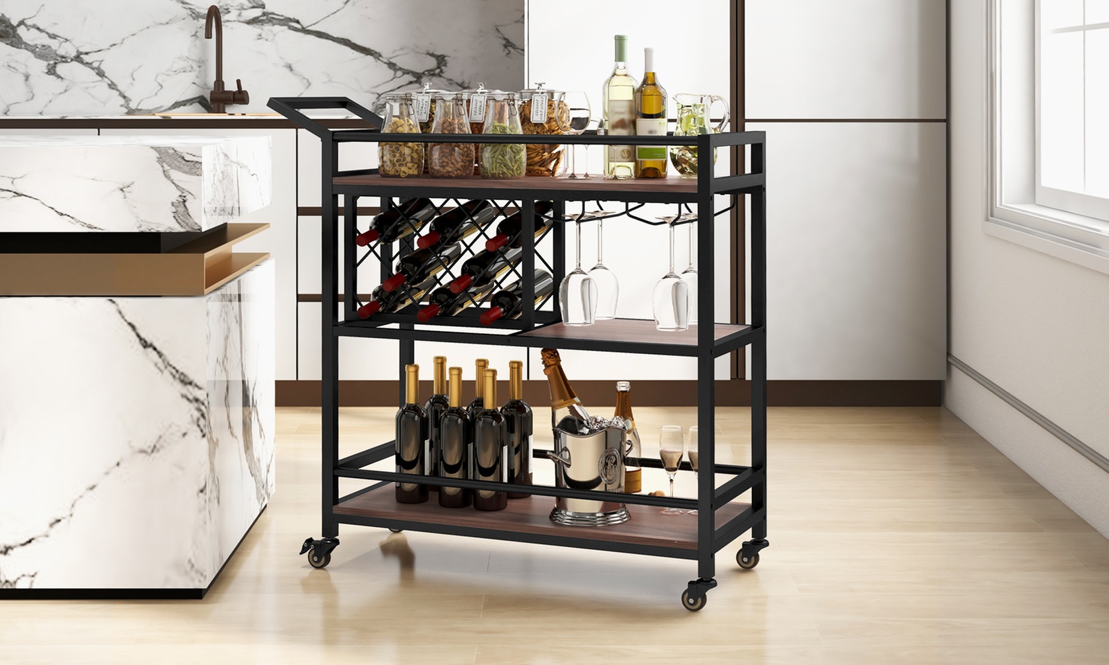 Costway 3-tier Bar Cart on Wheels Home Kitchen Serving Cart with Wine Rack