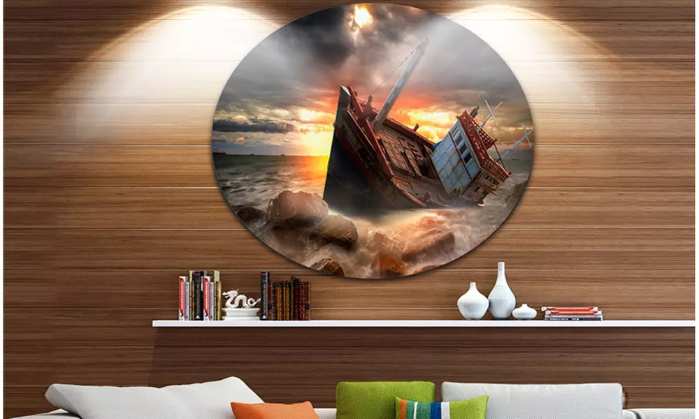 Fishing Boat Beached' Landscape Photography Circle Metal Wall Art - Primary Image