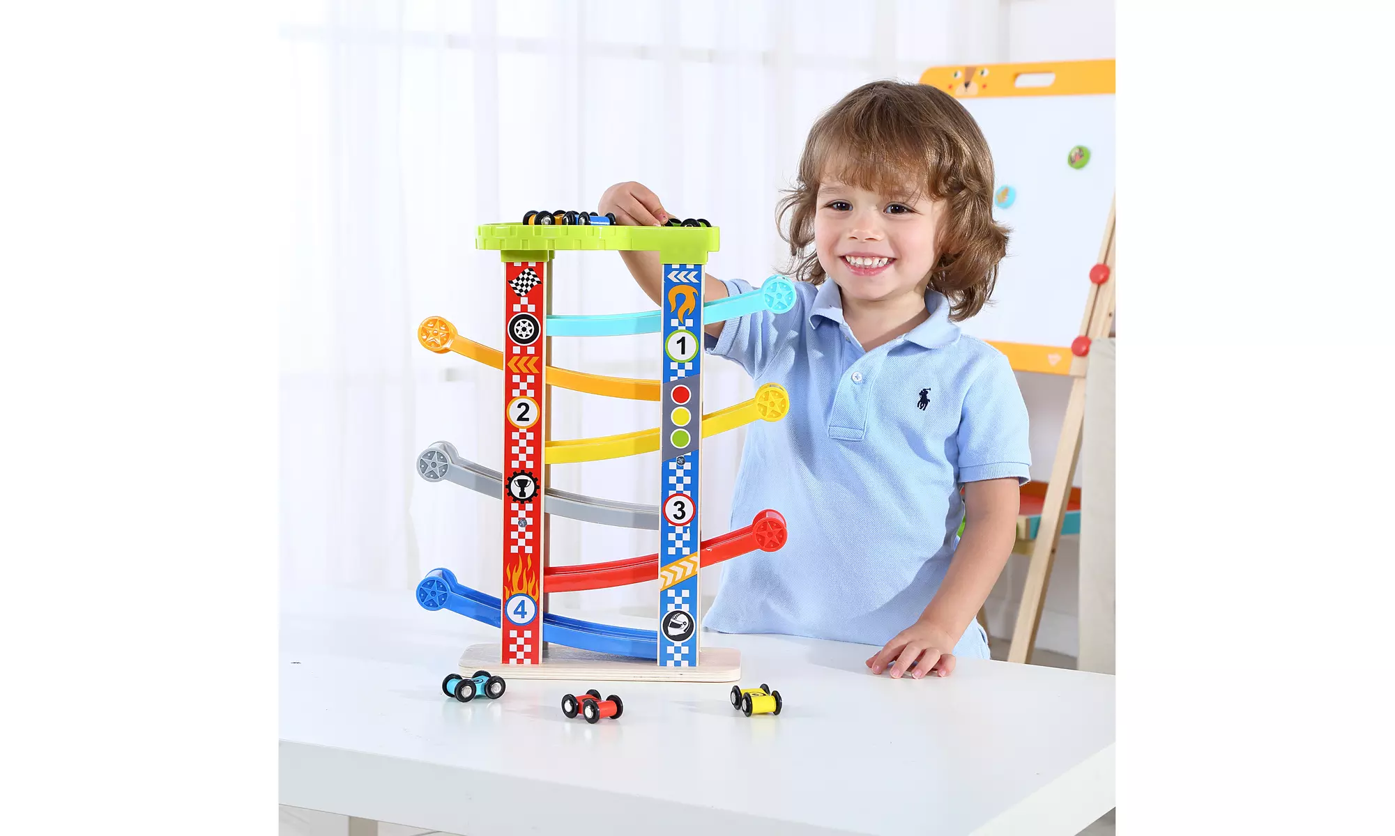 Zummy 3D Wooden Sliding Tower ZigZag Racetrack W/ 6 Car Toys - Second Medium