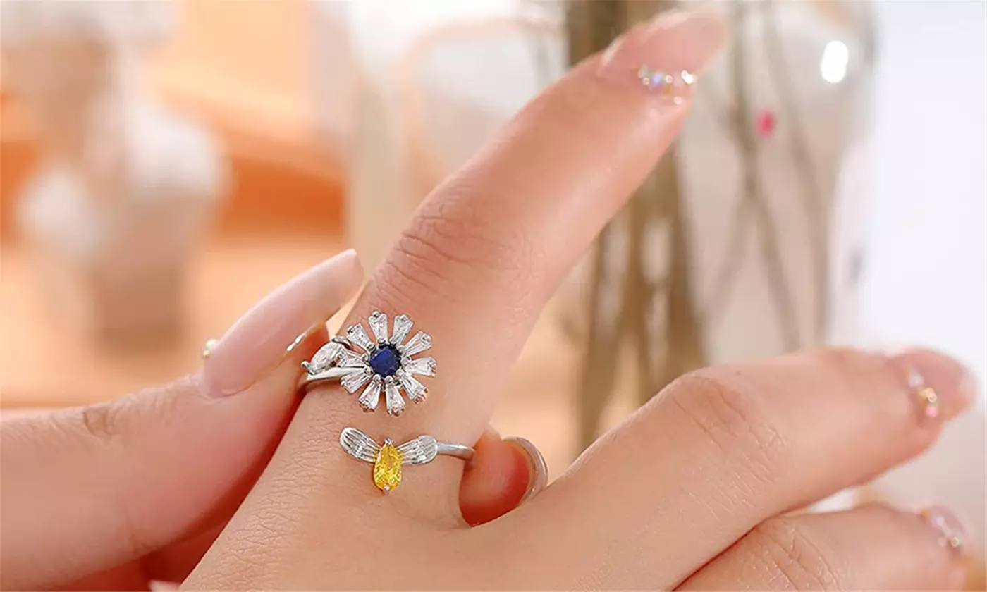 Spinner Fidget Rings Zirconia Daisy Adjustable Open Ring