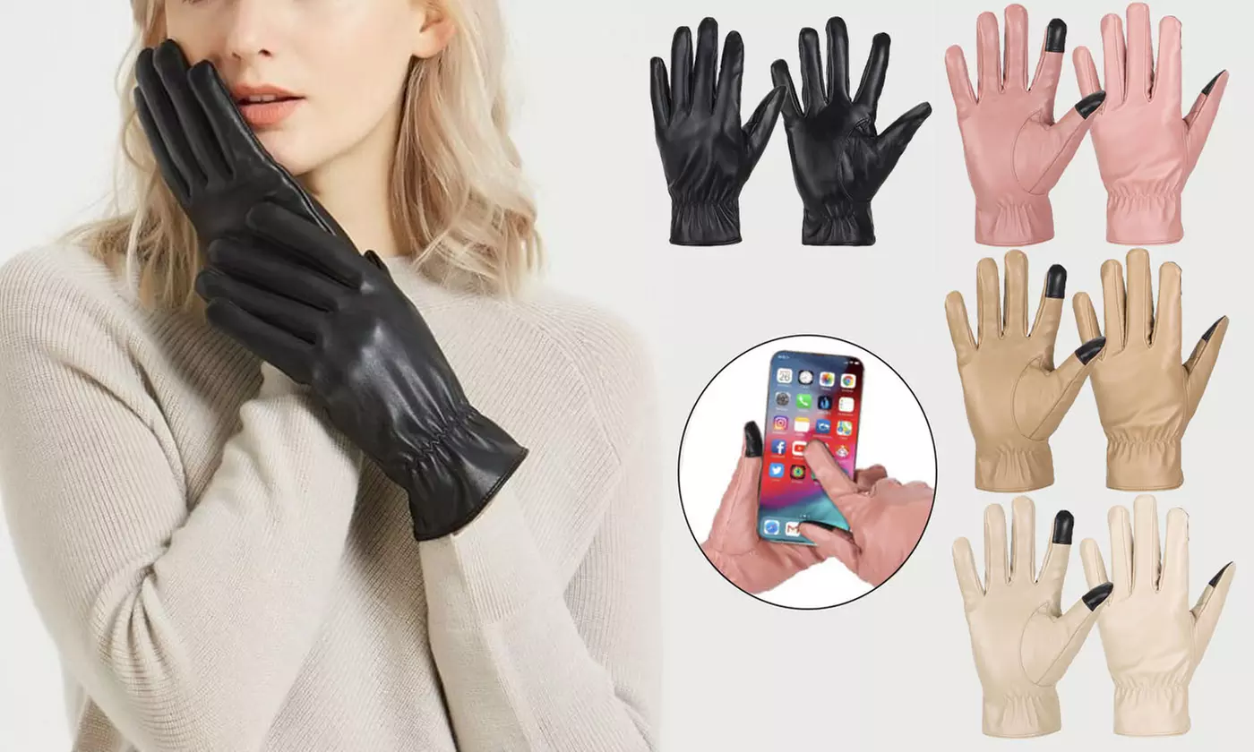 Women's Thermal Fleece Lined Touchscreen PU Leather Winter Gloves
