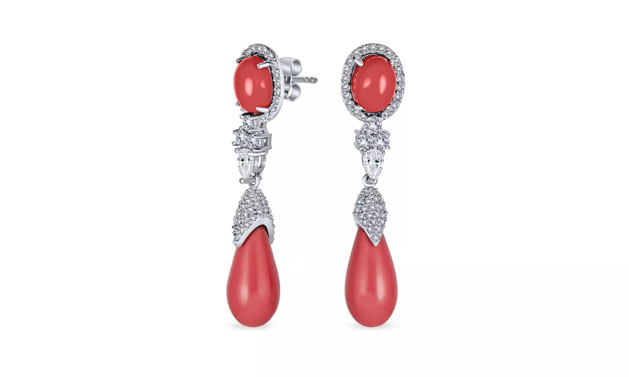 Pink Orange Teardrop Coral CZ Statement Dangle Earring Silver Plated - Primary Image