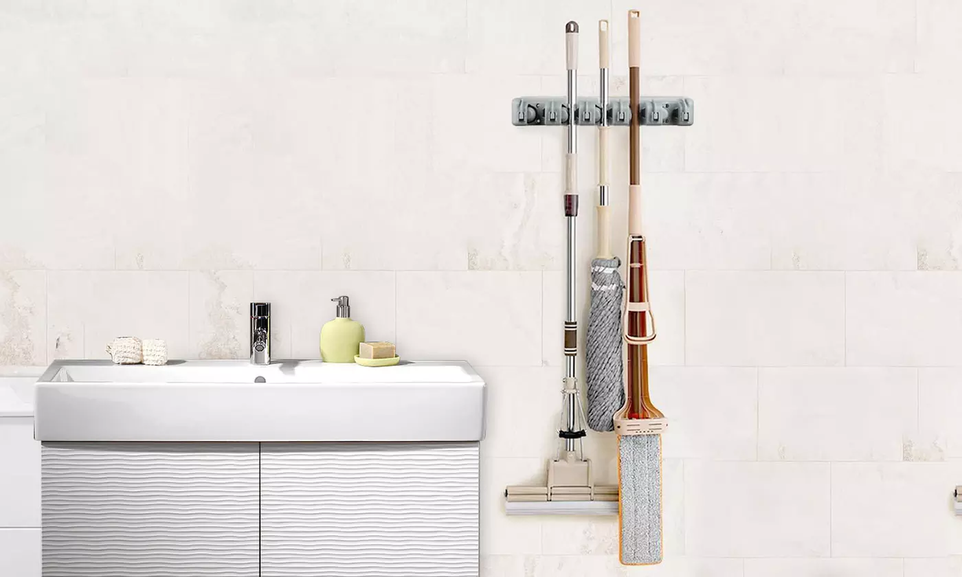 iMounTEK Wall Mount Mop Broom Holder with 5 Slots and 6 Utility Hooks