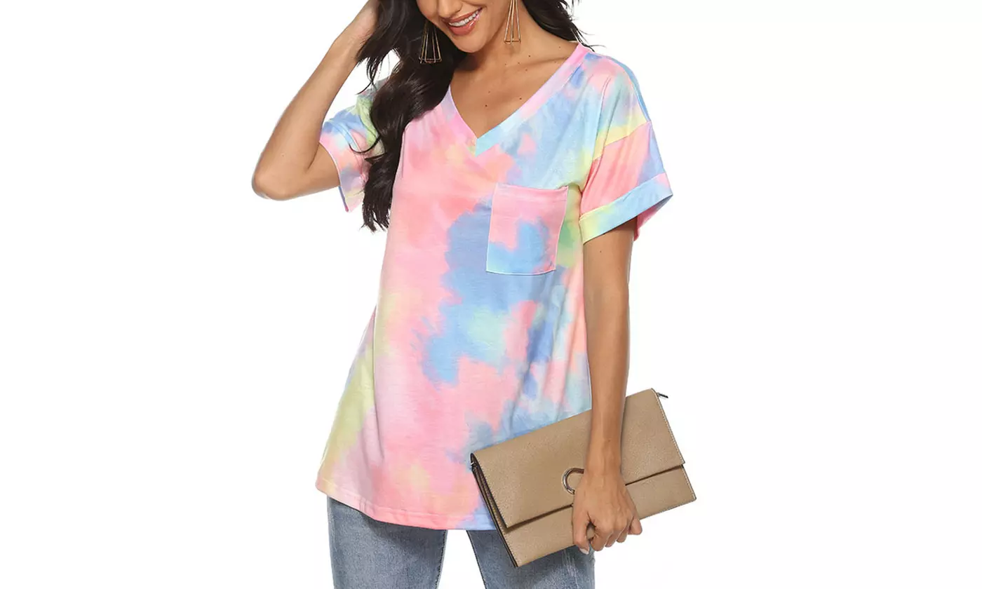 Women Summer Short Sleeve T Shirt V Neck Blouse Gradient Casual Loose Top Tee US
