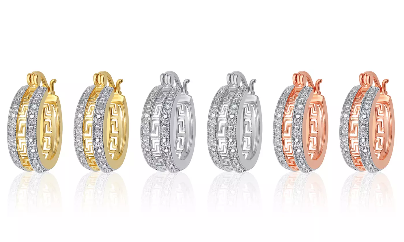 14K Gold-Plated Diamond-Accent Greek-Key Hoop Earrings by Brilliant Diamond