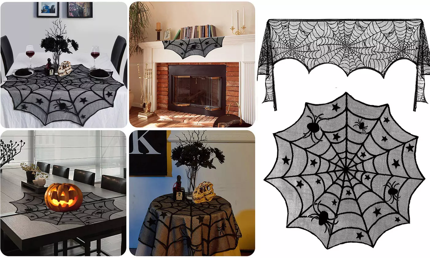 Halloween Lace Spider Web Fireplace Mantle Scarf Cover Tablecloth Decor - Primary Image
