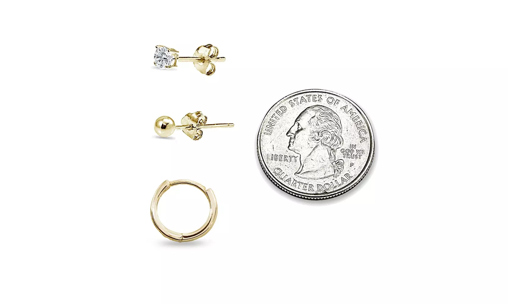 3 Pr Small CZ Huggie Hoops, 3mm CZ & Ball Stud Earrings in Gold Flash 925 Silver