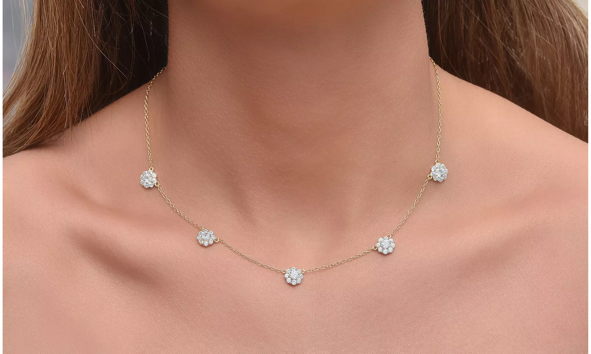 Cubic Zirconia Cluster Flower Station Necklace in Sterling Silver 