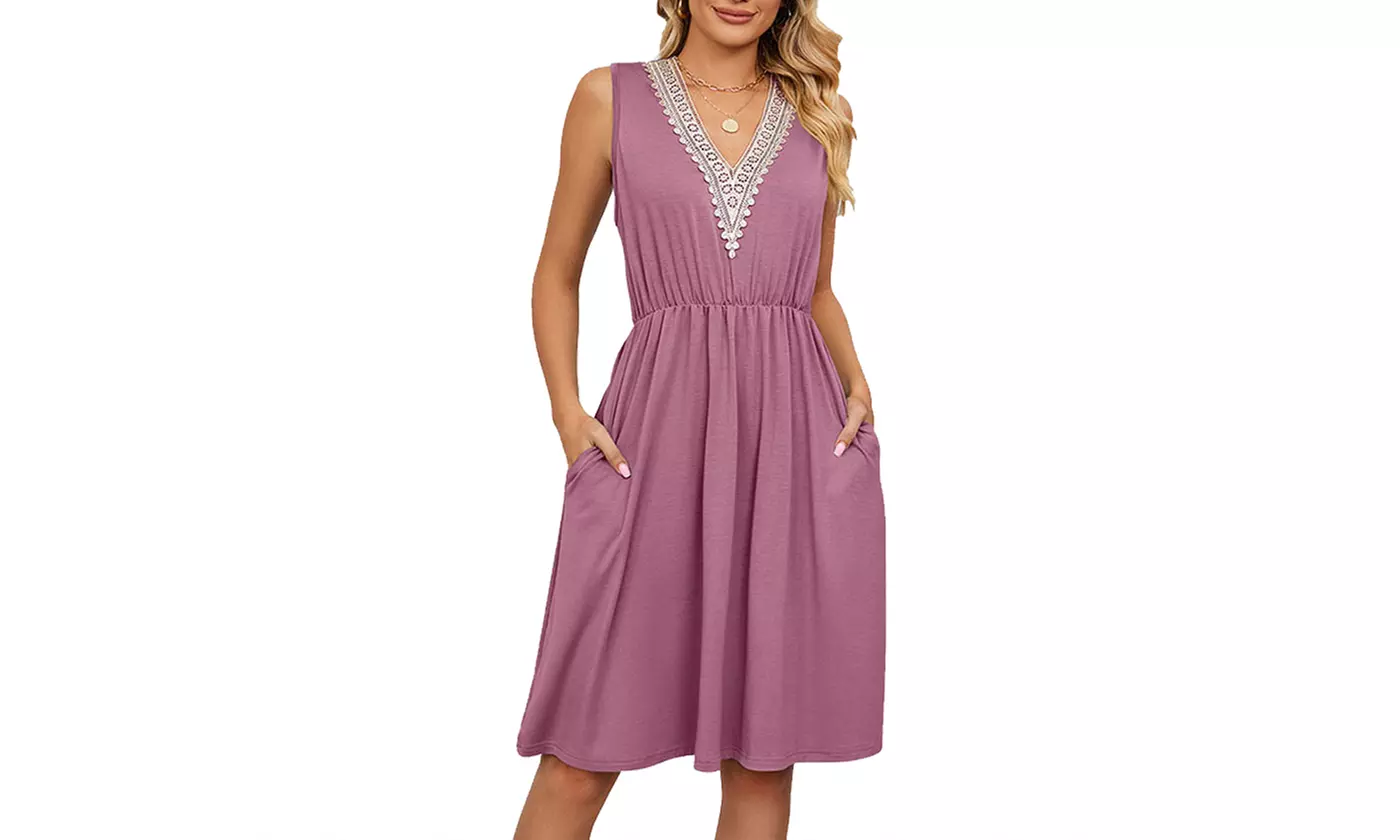 Women's Casual V-Neck Summer Dresses Sleeveless Midi Sundress with Side Pockets
