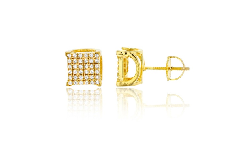 Image 6: Certified Jewelry Men's 14K Gold and Sterling Silver Square Lab Diamond Earrings