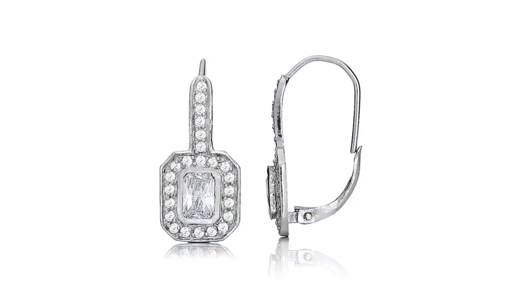 Sterling Silver Cubic Zirconia Rectangle Leverback Earrings - Primary Image