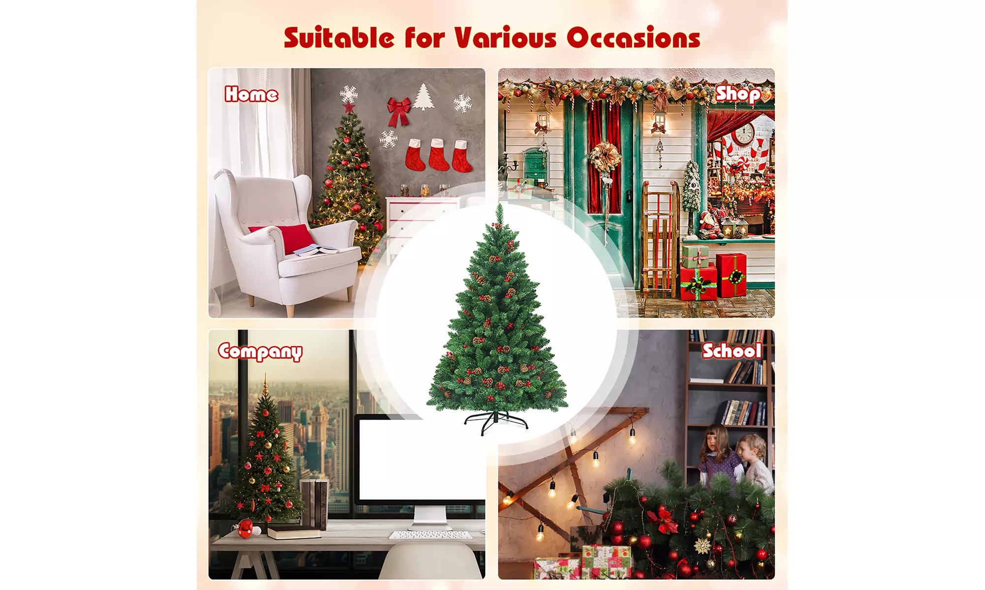 Costway 4.5Ft Pre-lit Hinged Christmas Tree w/ Pine Cones Red Berries