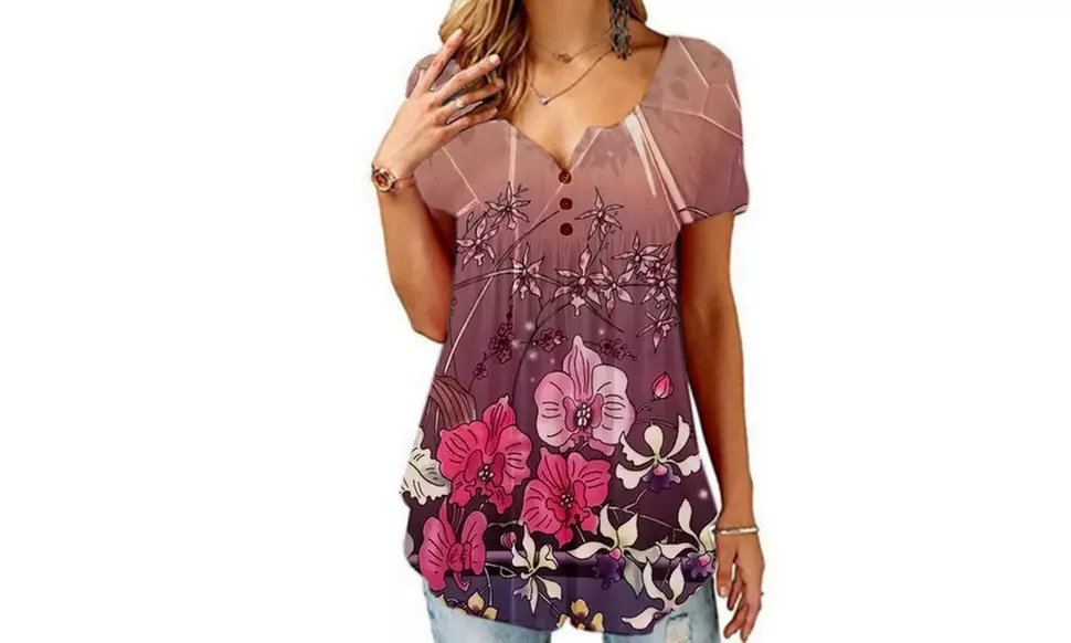 Women's Button Up Pleated Front Summer Short Sleeves Casual Tops Tunic Shirts 