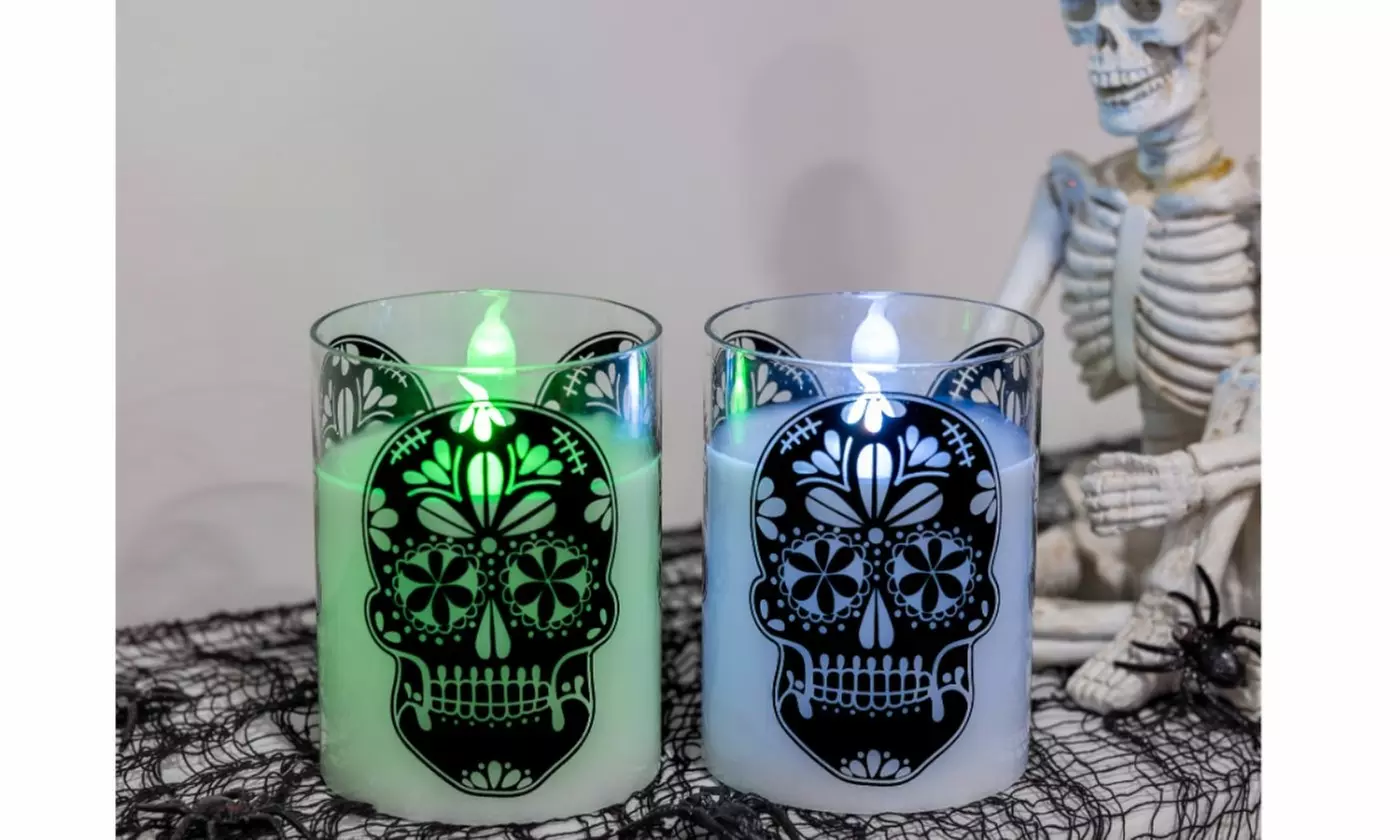 Halloween Battery Operated LED Glass Candles with Flickering Flame - Set of 2