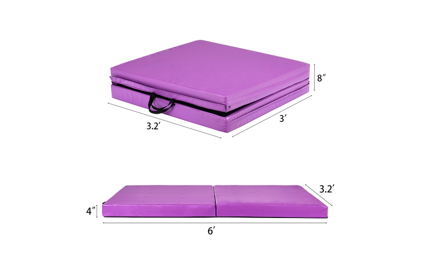 Image 3: 6'x3.2'Gymnastics Mat Thick Two Folding Panel Fitness Exercise Purple Portable