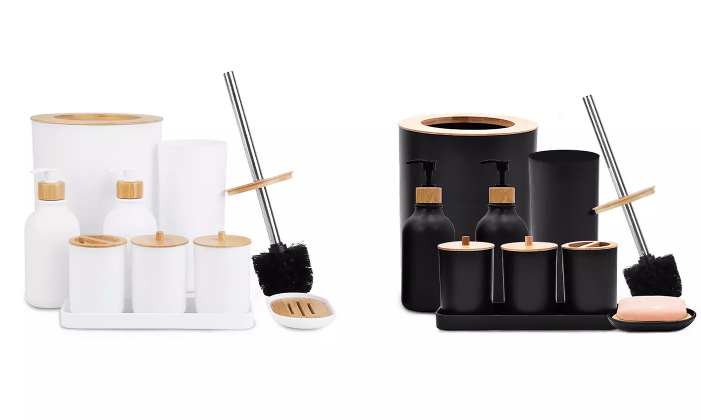 NewHome Bathroom Accessory Set Plastic & Bamboo Bathroom Accessories (9-Piece)