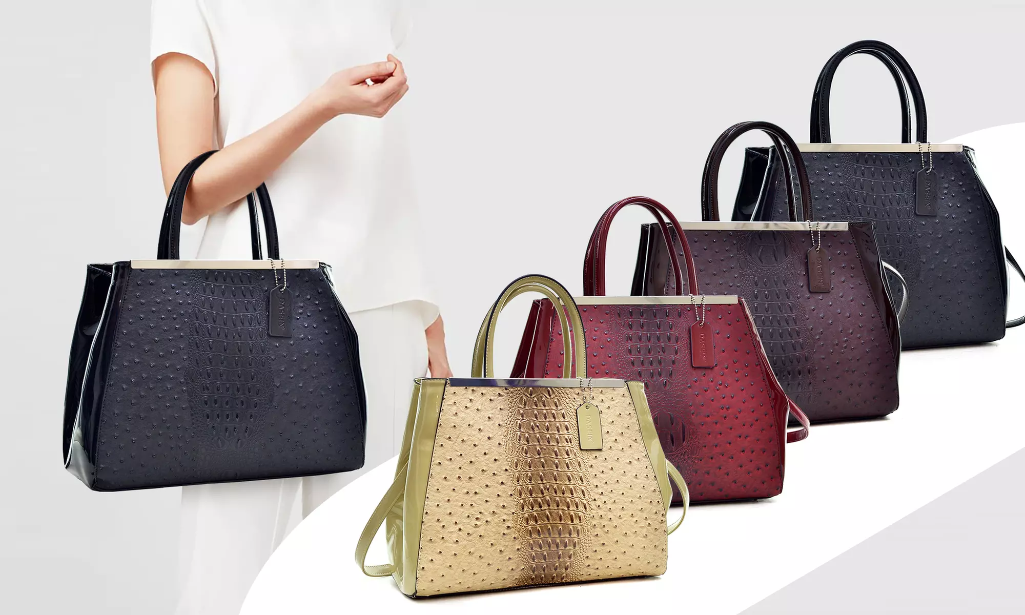 DS Collection Structured Ostrich Faux Leather Satchel with Shoulder Strap - Primary Image