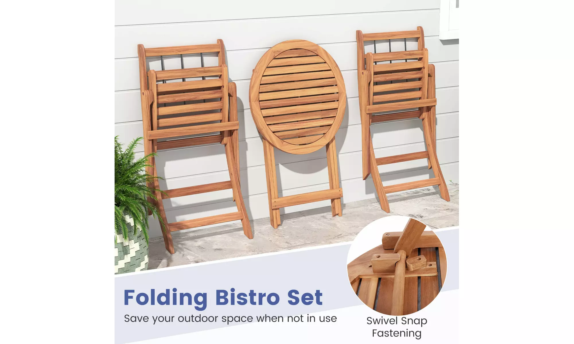 Costway 3 PCS Acacia Wood Patio Bistro Set Folding Outdoor Table and Chairs