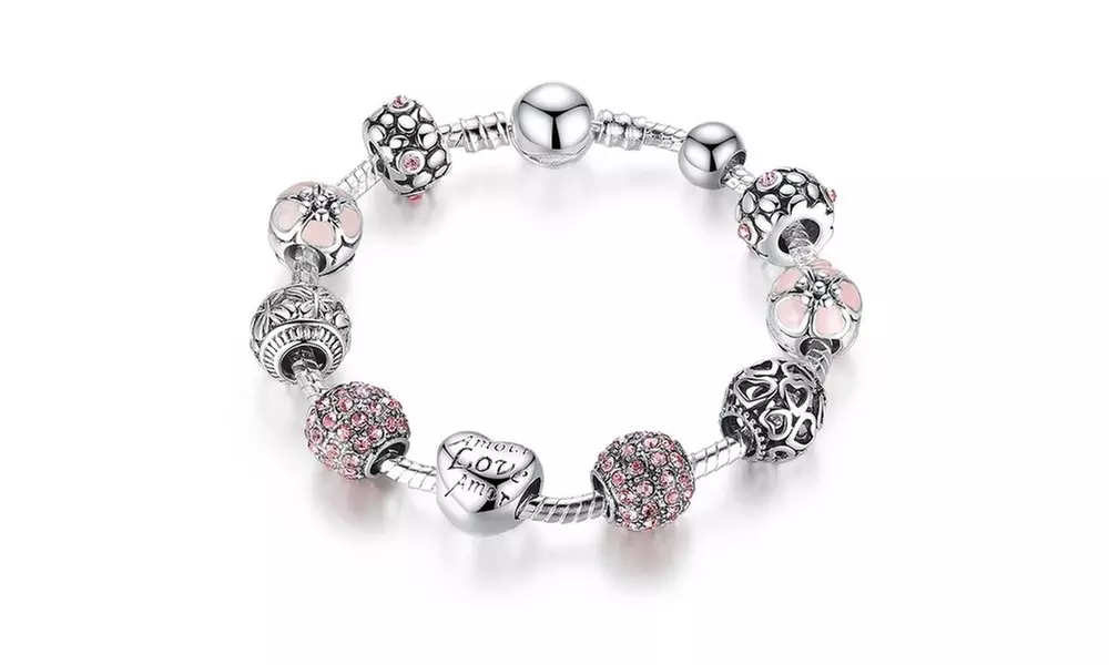 Pink Crystal Heart Charm Love Bracelet Made With Crystals From Swarovski - Second Medium
