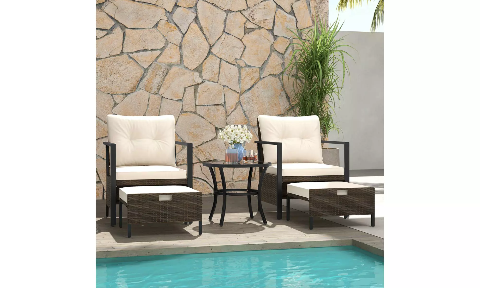 Costway 5 PCS Outdoor Furniture Set Rattan Chairs & Ottomans with Coffee Table