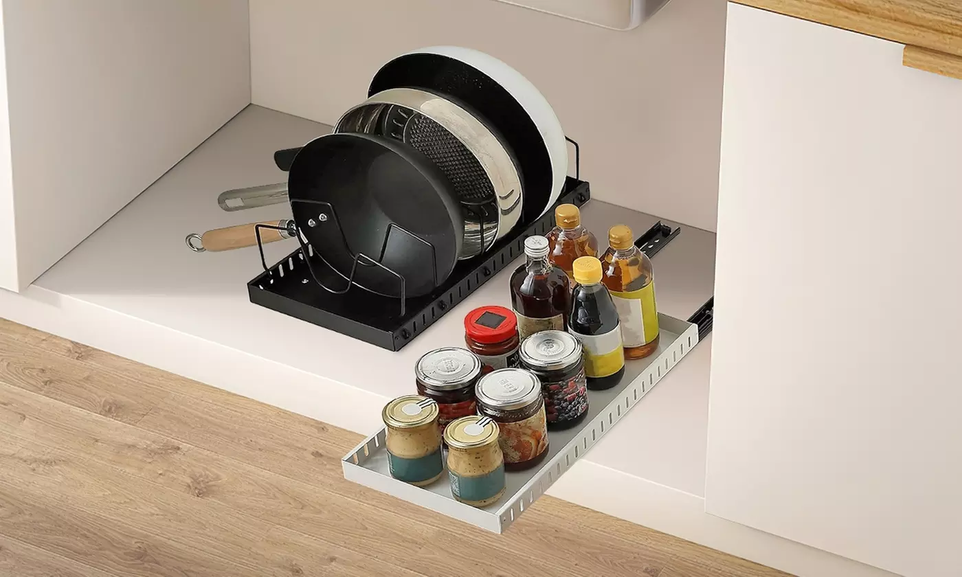 NewHome Pull-Out Pots & Pans Organizer with 8 Adjustable Dividers for Cabinets