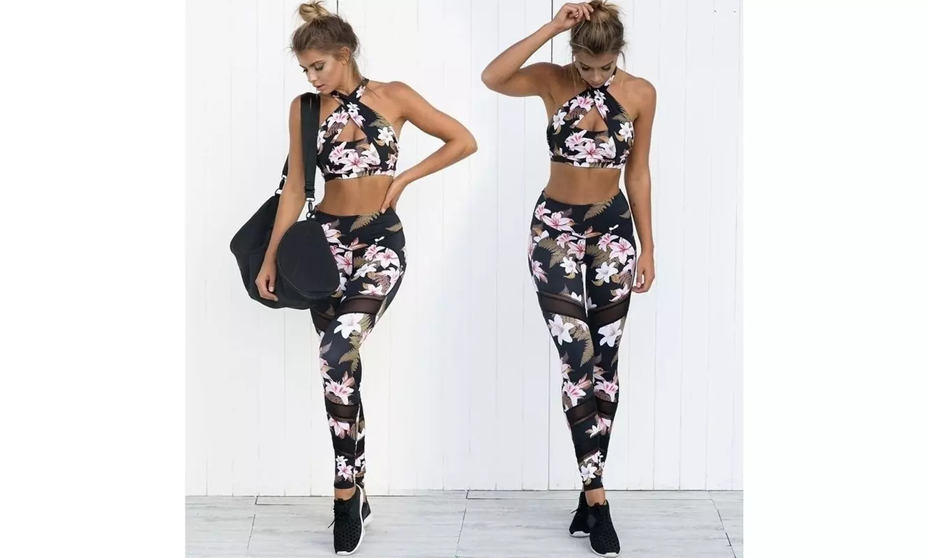 New Women's Fashion Plants Printed Stitching Mesh Tight Long Yoga Pants Fitness - Primary Image