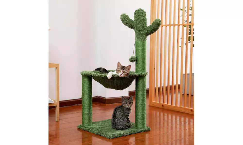 Cactus With Cat Scratching Post Hammock Interactive Ball Green - Primary Image