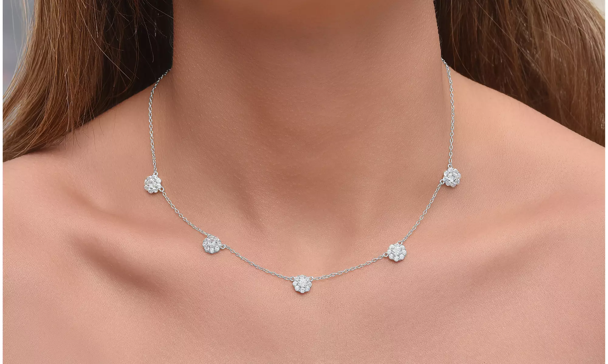 Cubic Zirconia Cluster Flower Station Necklace in Sterling Silver 