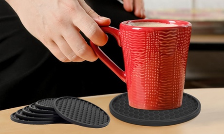 6 Pack Silicone Non-Slip Drink Coasters Cup Mat Holder Set Black 3.9*3.9*0.2in