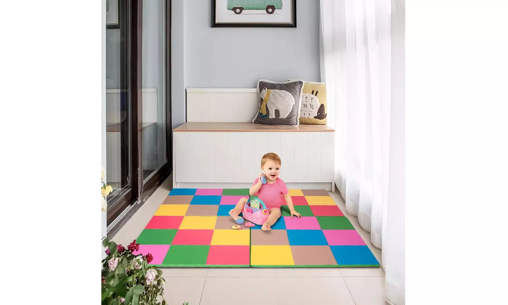 Toddler Baby Foam Play Mat, 58-Inch Foldable Patchwork Soft Floor Mat - Primary Image
