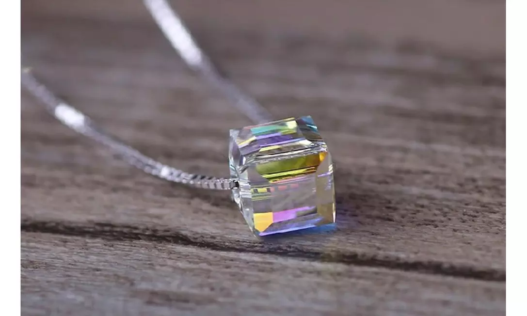 Aurora Borealis Crystal Cube Necklace Made Crystals From Swarovski   - Primary Image