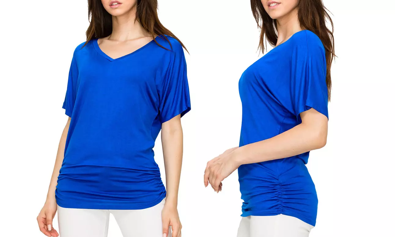 Made by Johnny Womens Solid Short Sleeve V-Neck Dolman Top with Side Shirring