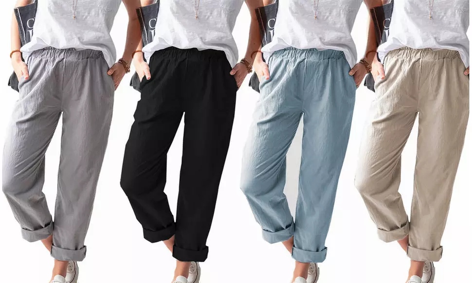 Women Lightweight Elastic Waist Lounge Pants Trousers with Pockets - Primary Image