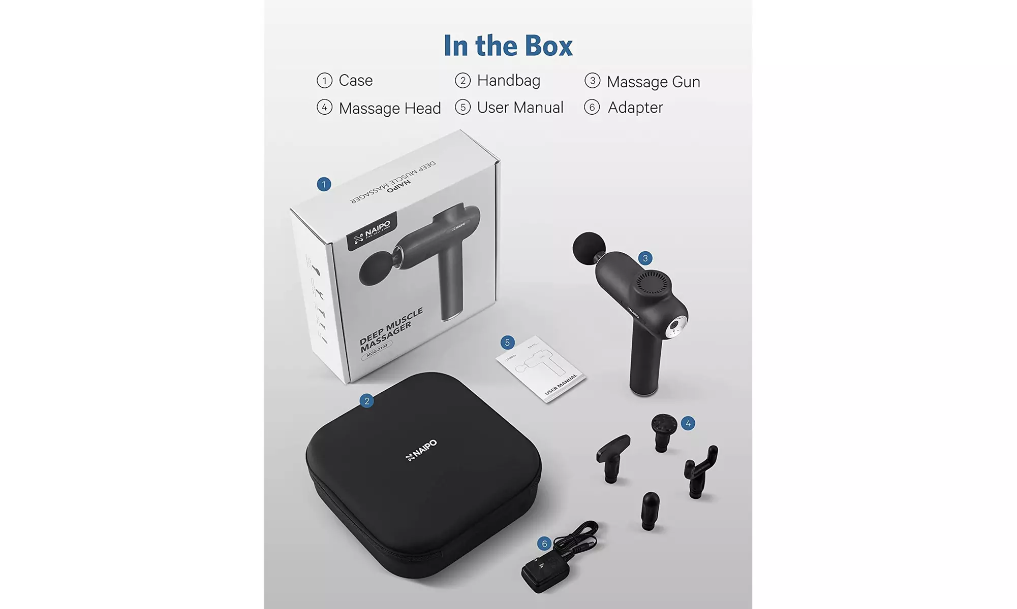 Naipo Handheld Massage Gun for Pain Relief w/ 5 Massage Heads (Black) - New 