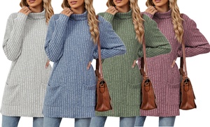 Womens Lightweight Turtleneck Long Sleeve Knit Tunic Top with Pockets