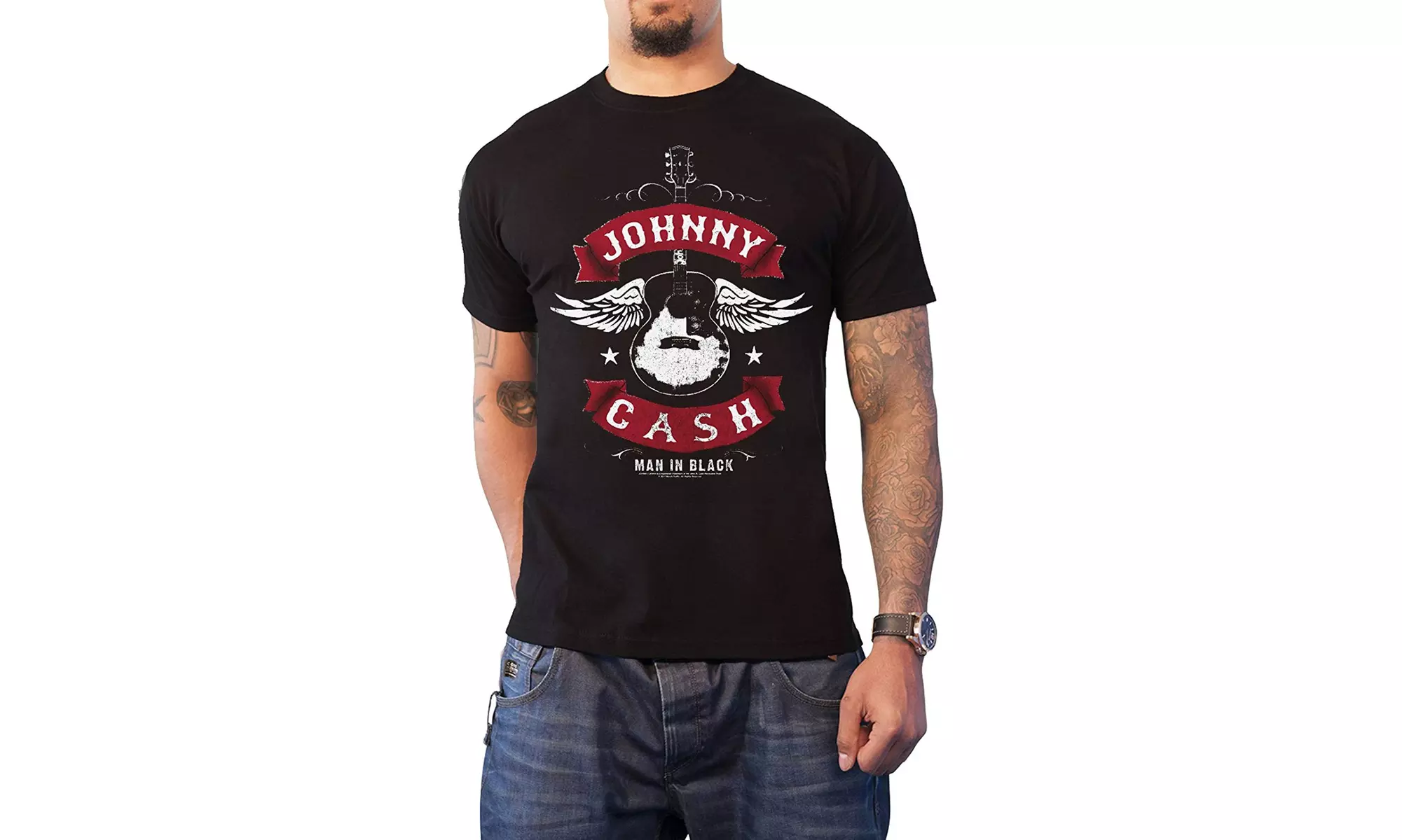 Johnny Cash T Shirt Winged Guitar Man in Black Logo Official Mens Black - Primary Image