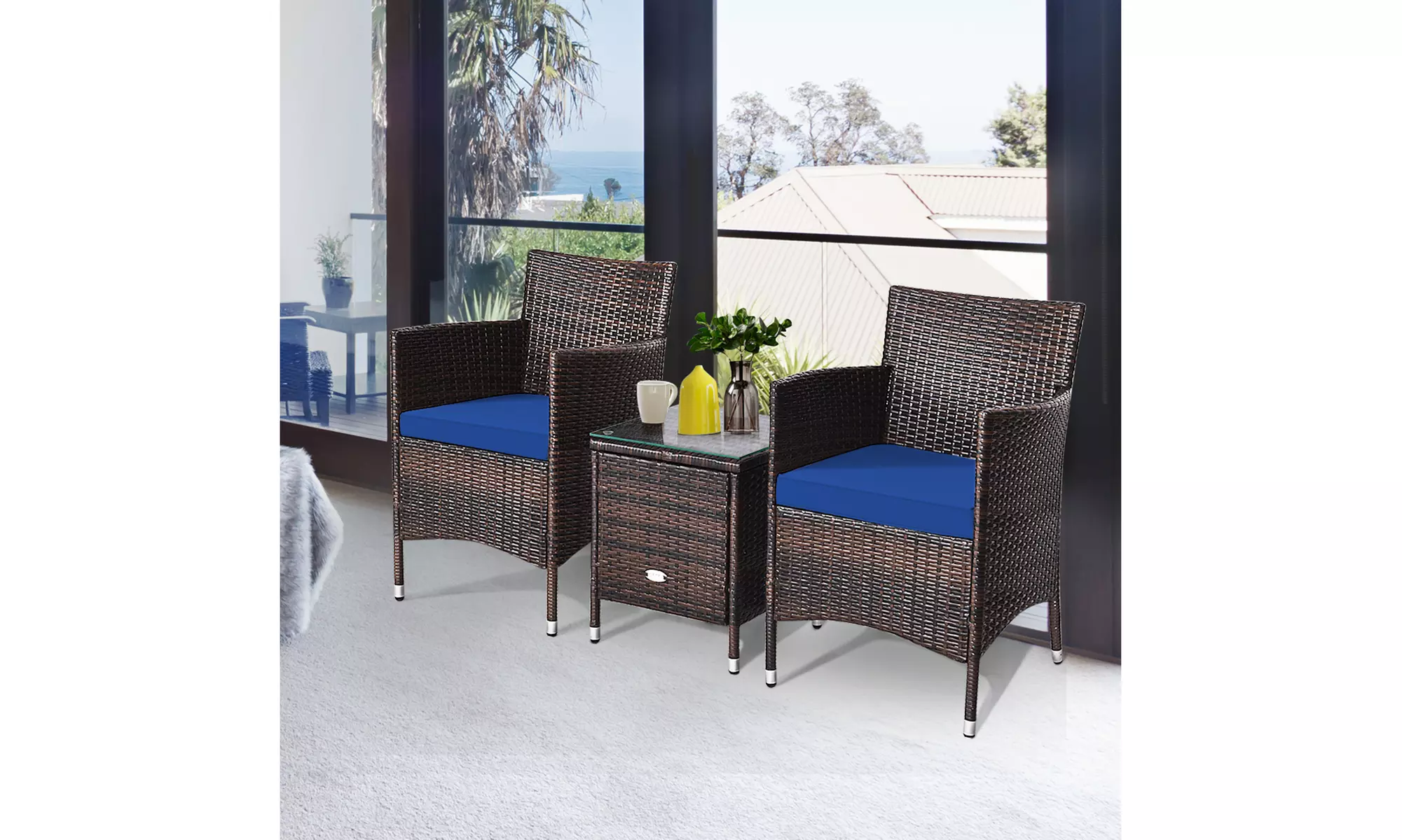 Costway Outdoor 3 PCS PE Rattan Wicker Furniture Sets Chairs Coffee Table Garden
