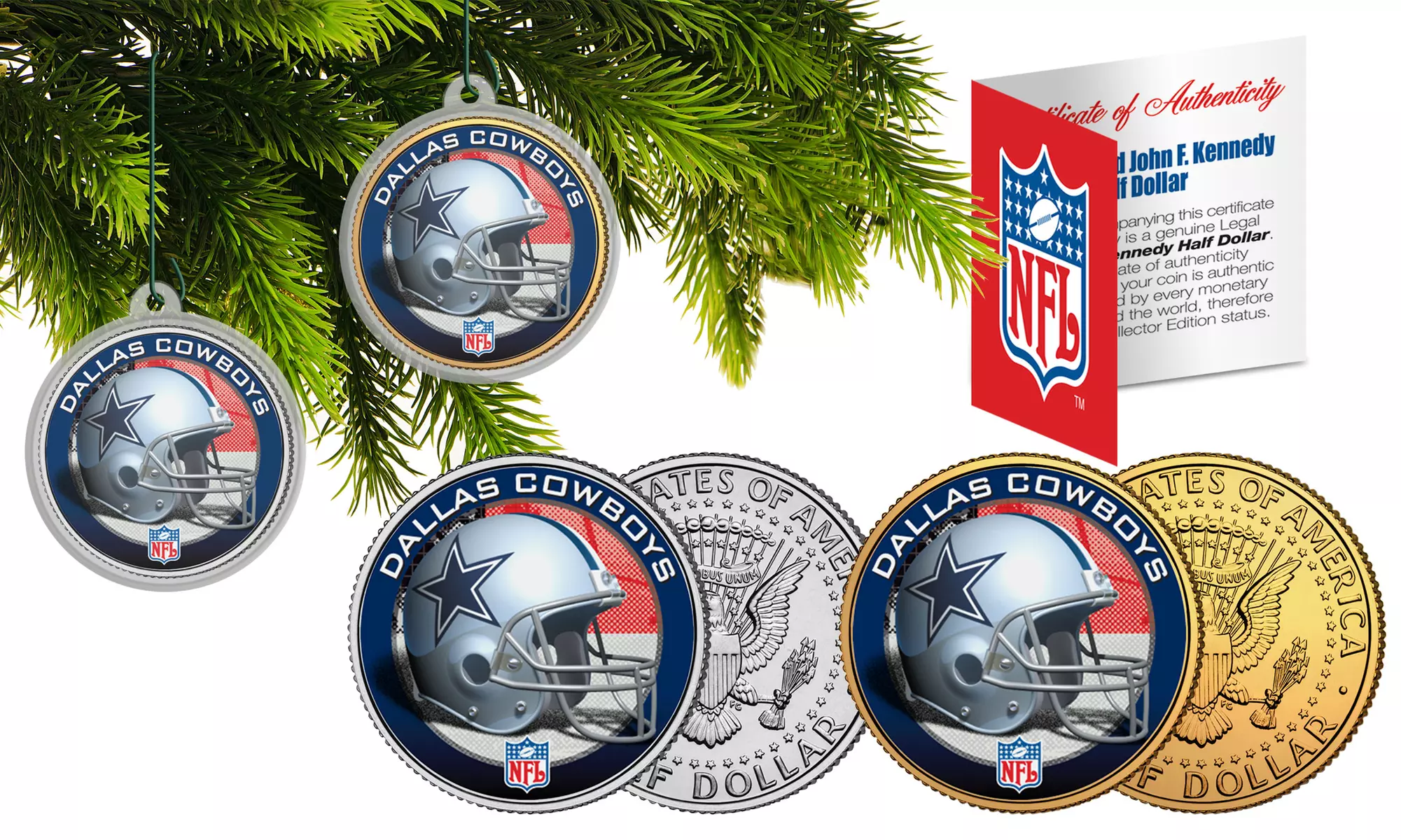 Christmas Tree NFL Ornaments Colorized JFK Half Dollar 2-Coin Set with Hooks - Primary Image