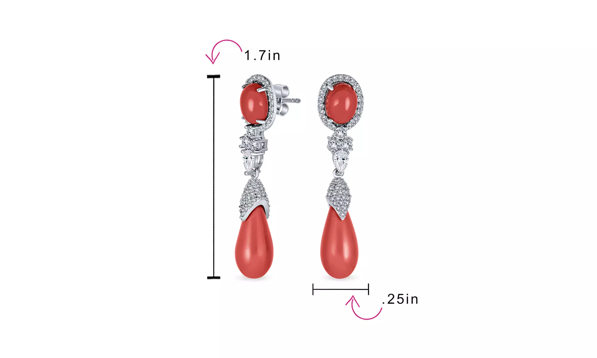 Pink Orange Teardrop Coral CZ Statement Dangle Earring Silver Plated - Second Medium